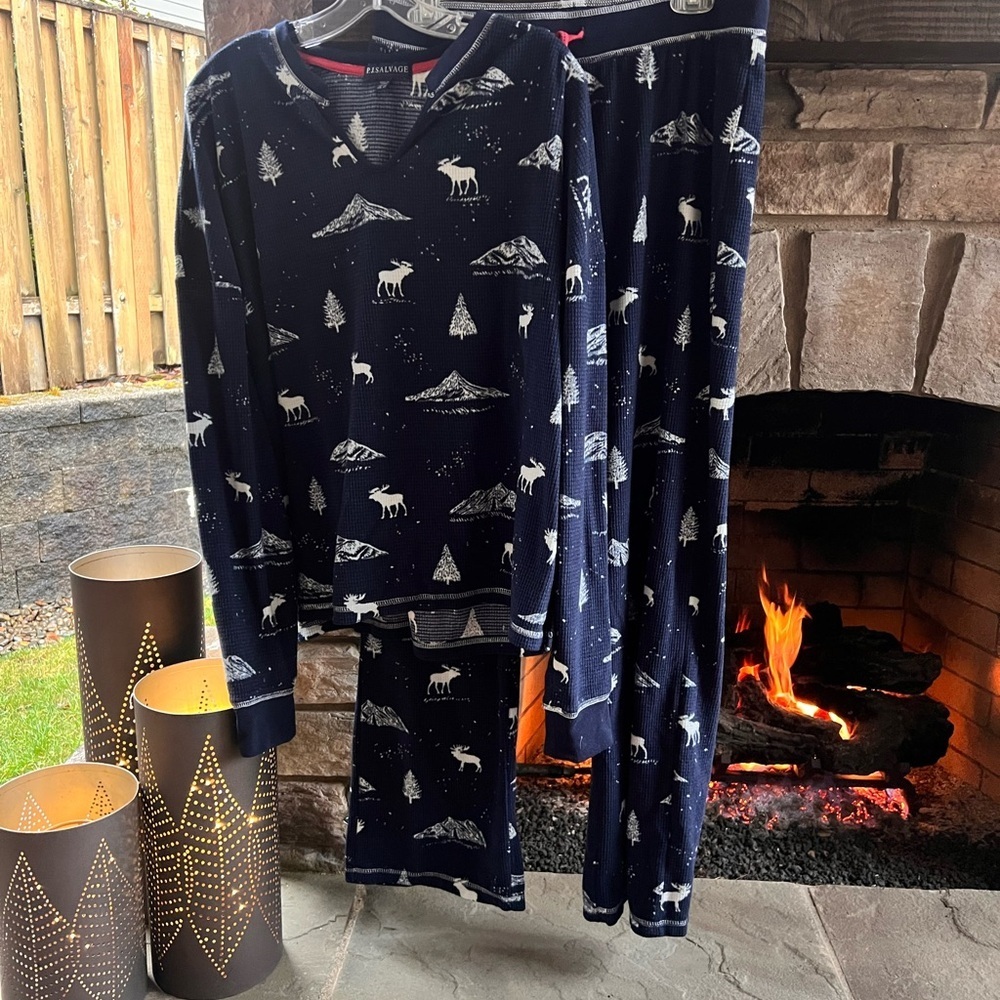 PJ Salvage Navy Blue Moose & Mountain Thermal Pajama Set
